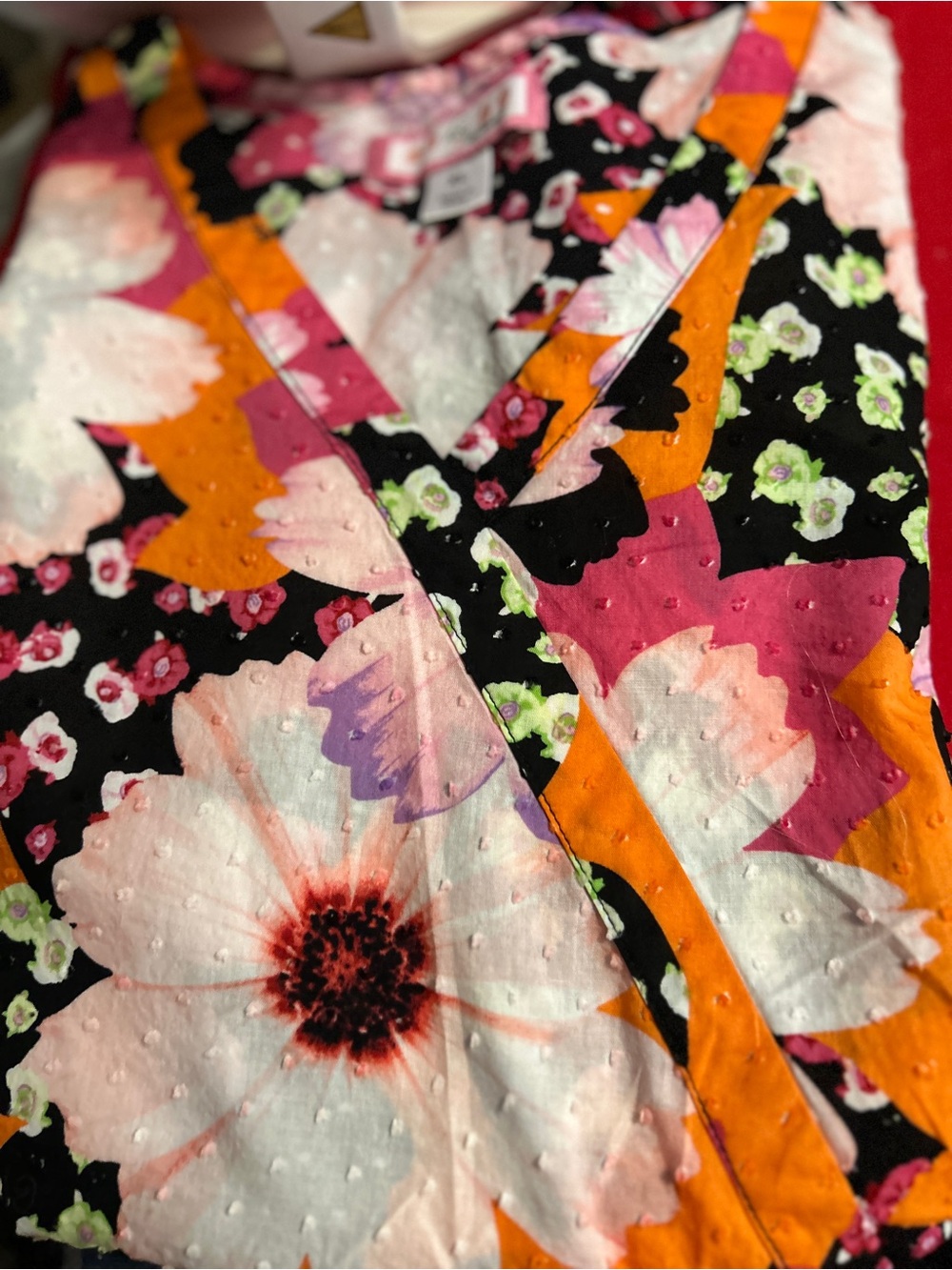 V-Neck Floral Dot-Texture Blouse - Pink, Orange, Black